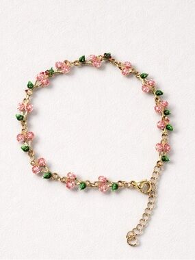 Gold-Tone Pink Cherry 🍒 Bracelet with Green Accents